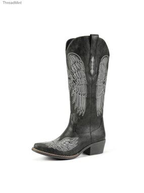 Faux Leather Mid Calf Cowgirl Boots with Angel Wings Embroidery & Chunky Heel,
